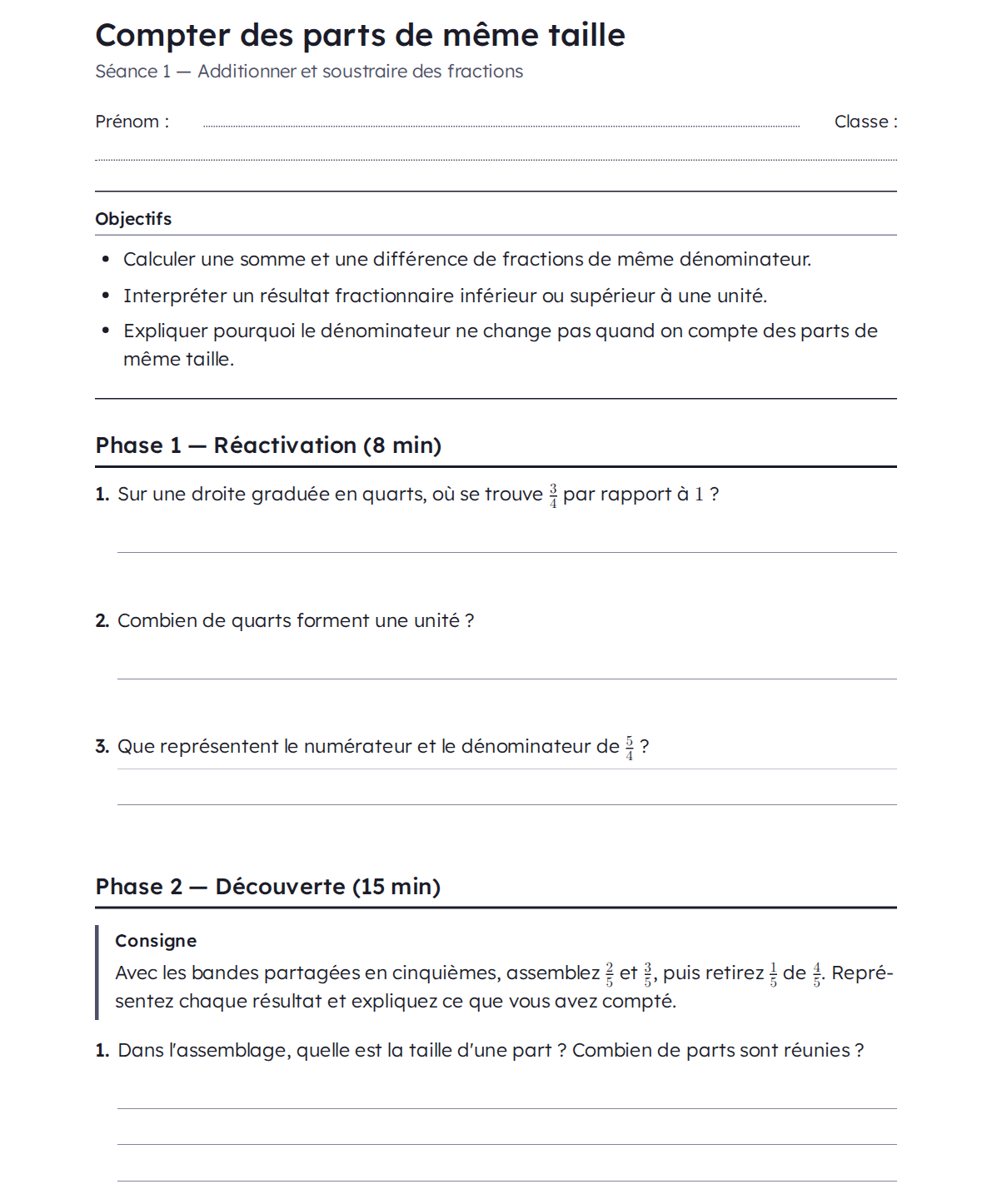 Le haut de la fiche élève de la séance 1 : le titre, les objectifs, trois questions de réactivation avec la place d’y répondre, puis la consigne de la découverte.